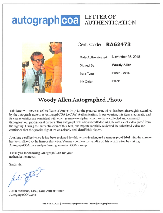 AutographCOA (ACOA) Authentication's Letter of Authenticity (LOA) is included. AutographCOA (ACOA)
Authentication's Letter of Authenticity (LOA) is included.