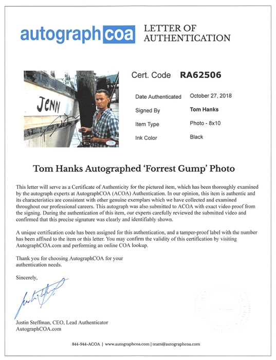 AutographCOA (ACOA) Authentication's Letter of Authenticity (LOA) is included. AutographCOA (ACOA)
Authentication's Letter of Authenticity (LOA) is included.