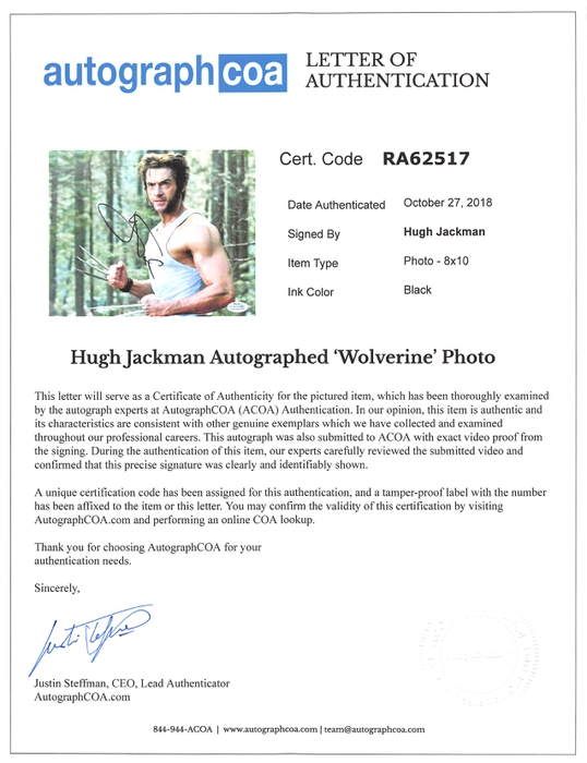 AutographCOA (ACOA) Authentication's Letter of Authenticity (LOA) is included. AutographCOA (ACOA)
Authentication's Letter of Authenticity (LOA) is included.
