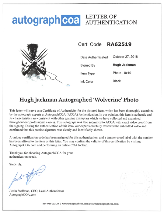 AutographCOA (ACOA) Authentication's Letter of Authenticity (LOA) is included. AutographCOA (ACOA)
Authentication's Letter of Authenticity (LOA) is included.