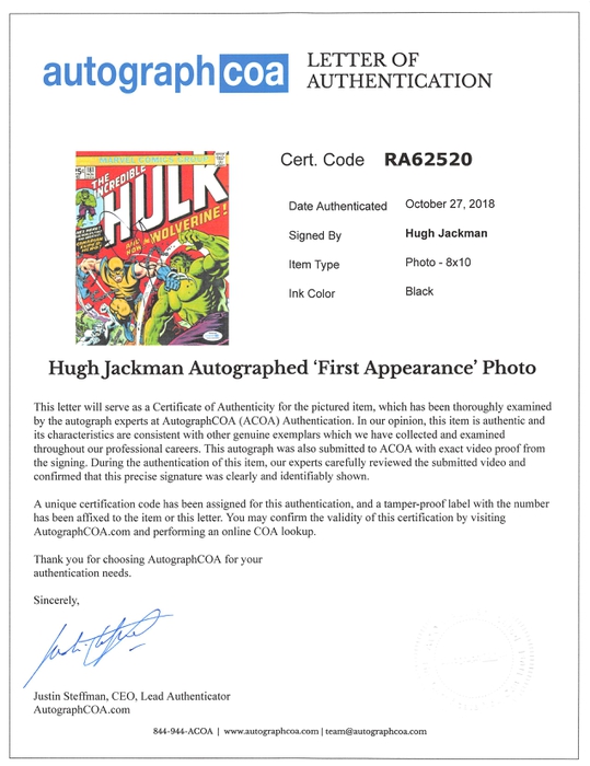 AutographCOA (ACOA) Authentication's Letter of Authenticity (LOA) is included. AutographCOA (ACOA)
Authentication's Letter of Authenticity (LOA) is included.