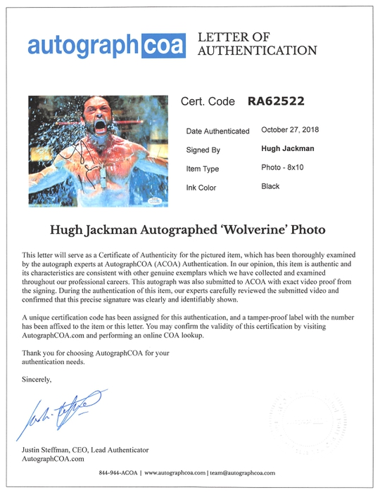 AutographCOA (ACOA) Authentication's Letter of Authenticity (LOA) is included. AutographCOA (ACOA)
Authentication's Letter of Authenticity (LOA) is included.
