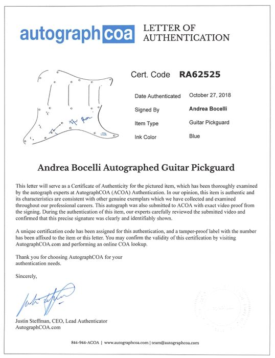 AutographCOA (ACOA) Authentication's Letter of Authenticity (LOA) is included. AutographCOA (ACOA)
Authentication's Letter of Authenticity (LOA) is included.