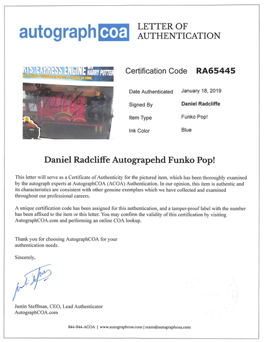 AutographCOA (ACOA) Authentication's Letter of Authenticity (LOA) is included. AutographCOA (ACOA)
Authentication's Letter of Authenticity (LOA) is included.
