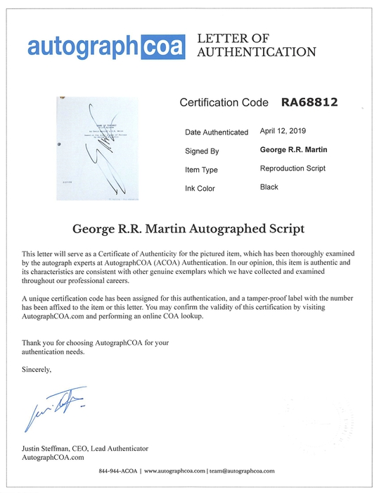 AutographCOA (ACOA) Authentication's Letter of Authenticity (LOA) is included. AutographCOA (ACOA)
Authentication's Letter of Authenticity (LOA) is included.