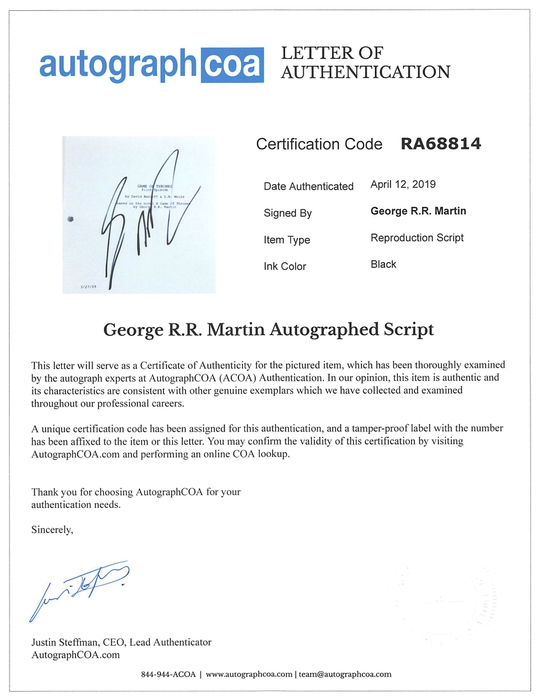 AutographCOA (ACOA) Authentication's Letter of Authenticity (LOA) is included. AutographCOA (ACOA)
Authentication's Letter of Authenticity (LOA) is included.