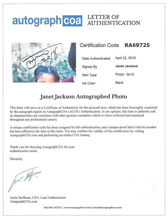 AutographCOA (ACOA) Authentication's Letter of Authenticity (LOA) is included. AutographCOA (ACOA)
Authentication's Letter of Authenticity (LOA) is included.