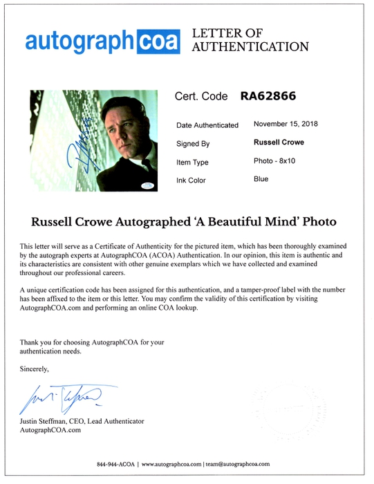 AutographCOA (ACOA) Authentication's Letter of Authenticity (LOA) is included. AutographCOA (ACOA)
Authentication's Letter of Authenticity (LOA) is included.